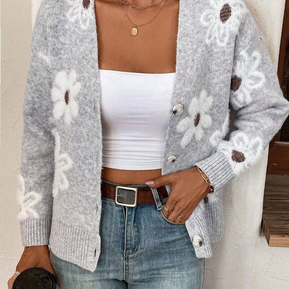 Grey Casual Womens Floral Pattern Drop Shoulder Cardigan - Picture 4 of 5